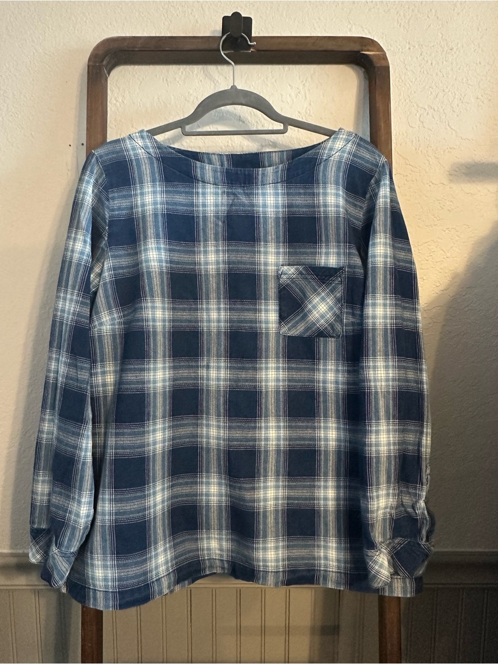 J. Jill Navy and White Plaid Long-Sleeve Shirt with Chest Pocket
